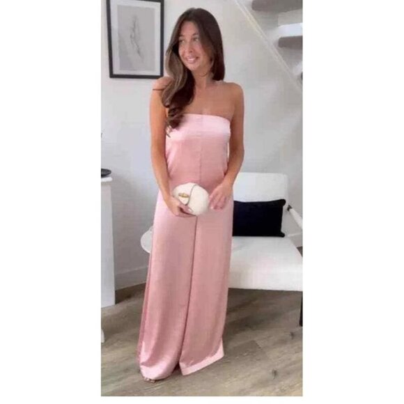 Zara Womens Bloggers Favorite Strapless Satin Effect Jumpsuit Pale Pink Medium - Picture 1 of 13